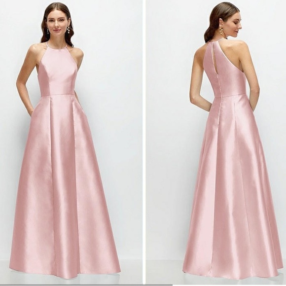 NWT Alfred Sung Jewel Neck Halter A-Line Satin Twill Maxi Dress Size 6 D874 Chic - Picture 4 of 11